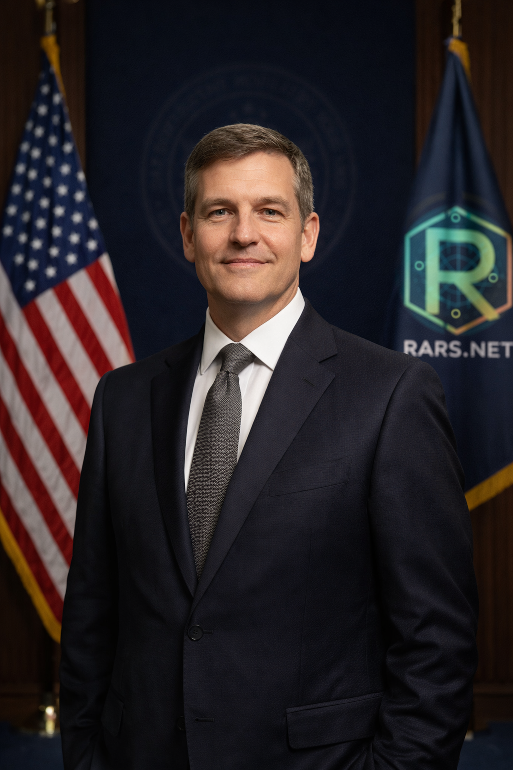 Administrator Elias Wren standing in front of the United States flag and a RARS.NET flag